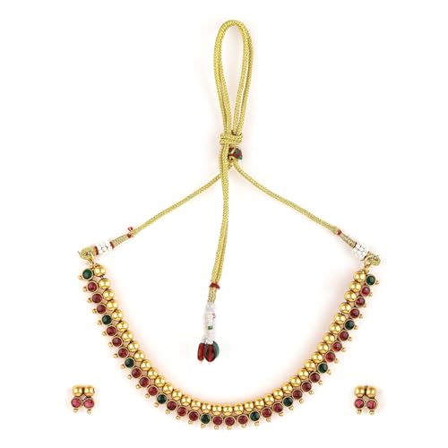 Rubans Womens 22K Gold-Plated Ruby Red & Green Kundan Studded Necklace Set With Gold Beads (B0D6RWT2PT) Amazon Price History, Amazon Price Tracker