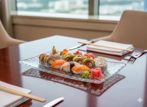 Image of Luxury Rectangular Clear Glass Dessert Platter 11 Inch Set of 1, Modern Textured Grid Serving Dish for Appetizers, Sushi, & Pastries, Elegant Presentation Tray