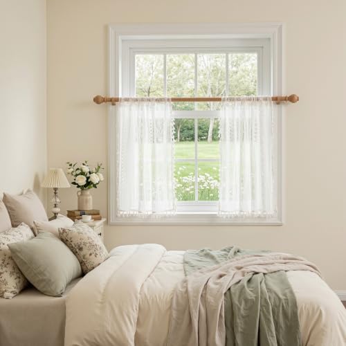 Image of MYSKY HOME White Lace Tier Curtains 24 Inch Length 2 Panels Kitchen Cafe Sheer Short Boho Half Country Rod Pocket Curtains for Small Windows Basement Bathroom, 34 inch Wide Each Panel