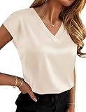 Rapbin Satin Tops for Women Short Sleeve Blouse Silk Shirts V Neck Blouses Summer 2026 Casual Tshirts Solid Champagne