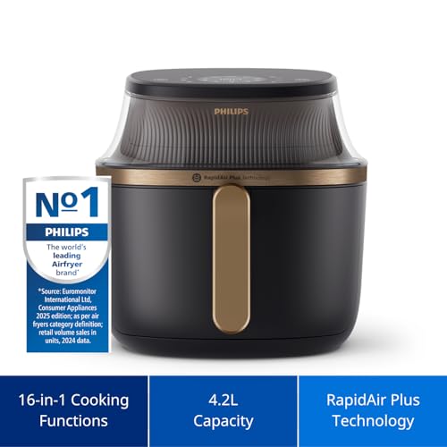 Philips Airfryer 3000 Series 6.2L, Cooking Window, 16-in-1 Airfryer, RapidAir Plus Technology, Fat Removal, HomeID Recipe App, Easy to Clean (NA332/09), Black Body/Copper Handle