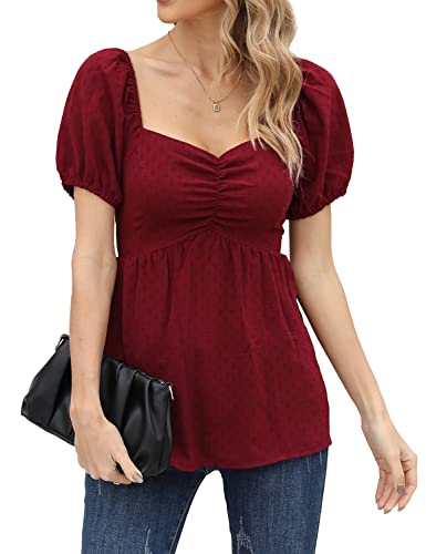 Weeso Summer Elegant Puff Sleeve Blouses Plus Size For Women Casual Trendy Clothes Flowy Burgundy Blouses Xxl #TOP1