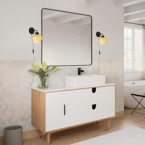 Image of Modern Wall Sconces, Olive Green Milk Glass, Matte Black Finish | Plug-in Wall Lamp, Industrial Boho Lighting, For Bedroom, For Living Room