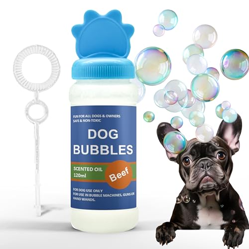 Dog Bubbles – PEANUT BUTTER and BEEF Scented, Safe Blowing Bubbles for Dogs, Interactive Toys for Boredom, Suitable for Puppies to Large Dogs (120ml, Beef - Blue)