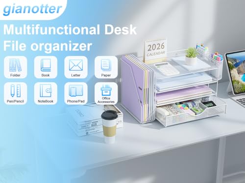 Image of gianotter Desk Organizers and Accessories with File Holder, 4-Tier Desk Accessories & Workspace Organizers with Drawer and 2 Pen Holder, Paper Organizer for Office Supplies (White)