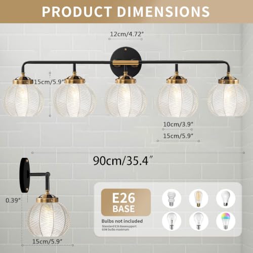 Image of Bathroom Vanity Light Large 27.2″ Long Clear Glass Wall Lamp 5-Light | Mid Century Modern Style Vanity Lights With 5.9Inch Clear Glass Shade E26 Base,Black Gold Finish,Over Mirror Bedroom Hallway