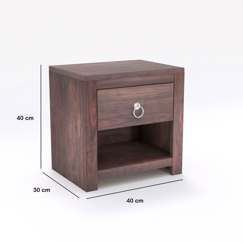 Image of Solid Wood Sheesham End Table with 1 Drawer and 1 Shelf Modern Design - Walnut Finish