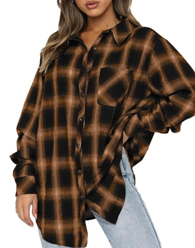 Jhsnjnr Damen Langarmshirts Oktoberfest Karierte Button-Down Hemd Oversize Flanellhemd mit Taschen Karo Longbluse