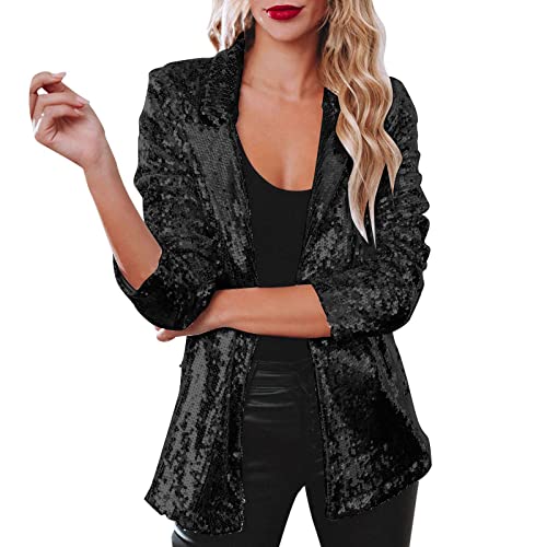 Shiny Sequin Blazer for Women Notch Lapel Open Front Sparkly