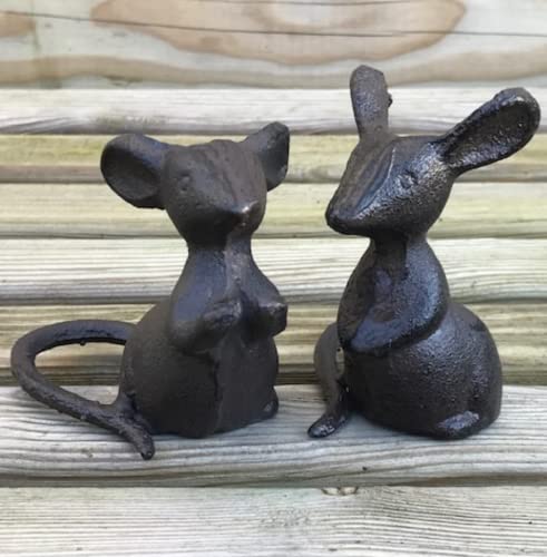 Animal Crackers Pair of solid cast iron mice garden ornament decorations, one 'talking' one 'listening', mouse lover gift
