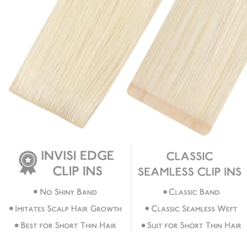 Image of WENNALIFE Invisible Edge Seamless Clip in Hair Extensions Real Human Hair | 18'' 111g 7pcs Light Platinum Blonde. Ultra-Thin PU Weft, Easy, Comfortable Clip in Luxury Remy Hair Extensions
