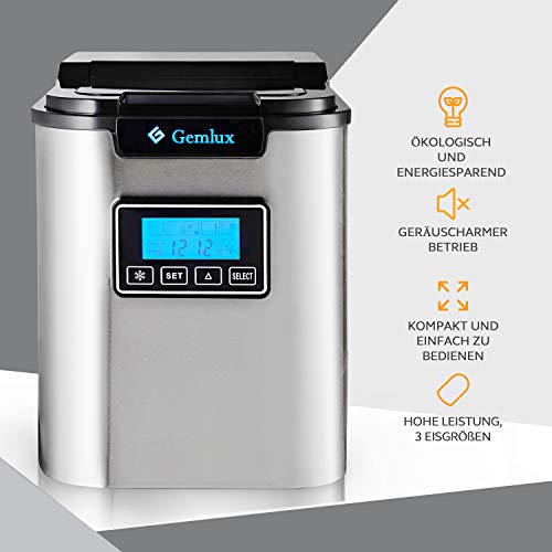 Gemlux Eiswürfelmaschine Edelstahl, Tragbar Eismaschine für Zuhause und Bar, 2.2L, 12kg/24h, 3 Eiswürfel Großen, Leise… – Bild 3