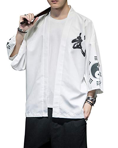 Image of Men's Japanese Kimono Robe Jacket Lightweight 3 /4 Sleeve Open Front Yukata | Silky Smooth Fashion Print Happi Coat Lightweight Breathable Loose Unisex Haori Casual Summer Cardigan Daily Beach Vacation