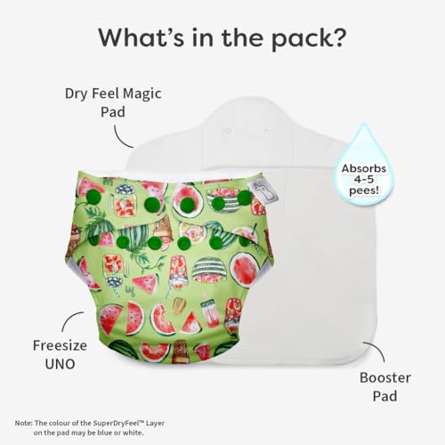 Image of SuperBottoms UNO Freesize Premium Cloth Diaper for babies (3m-3y) + Organic Cotton Pad | Washable & Reusable 300+ Times | Superior Absorption | Waterproof | Super Soft & Gentle - Melon splash
