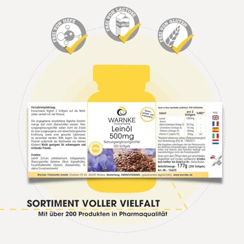 Leinöl 500mg Kapseln - Flaxseed Oil 500mg - 250 Softgels - pflanzliche Omega 3-6-9 Kapseln - hochdosiert - Großpackung | Warnke Vitalstoffe - Deutsche Apothekenqualität