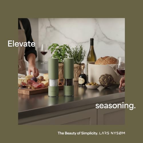 Image of LARS NYSOM Electric Salt and Pepper Grinder Set I Automatic Salt and Pepper Mills with Adjustable Ceramic Grinder I USB Rechargeable Electric Spice Mill Set with LED Light (Sage Green)