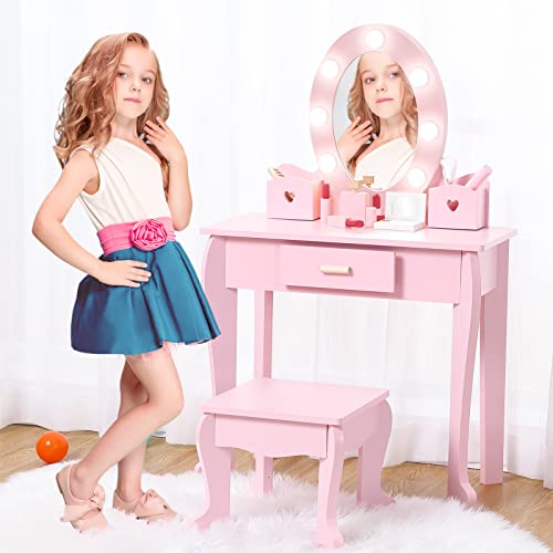 Bophy Girls' Vanity Table And Chair Set, Kids Makeup Dressing Table With Lights & Wood Makeup Playset, Kids Vanity Set With Mirror & Drawer For Age 4-9, Pink (Stm-101Pa) #TOP3