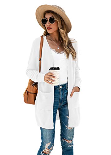 Tasamo Women's Long Sleeve Pocket Solid Color Knit Ribbed Neckline Cardigans (Small,White) #TOP1
