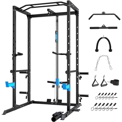Power Cage, Multi-Functional Power Rack with J-Hooks, Dip Handles, Landmine Attachment and Optional Cable Pulley System for Home Gym