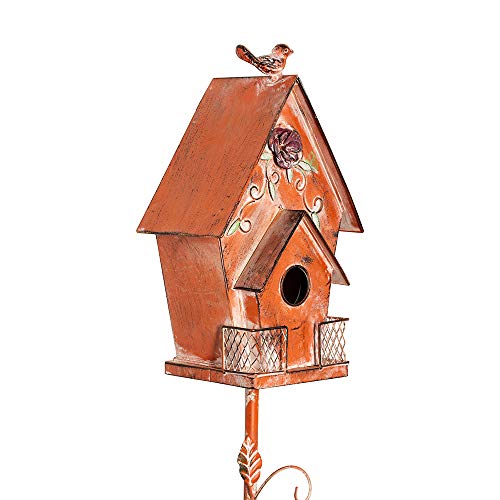 Mocome Dutch Cottage Bird House Stakes For Outside With Pole, Distressed Metal Birdhouse Stand For Outdoor Garden Decor(58") #TOP1