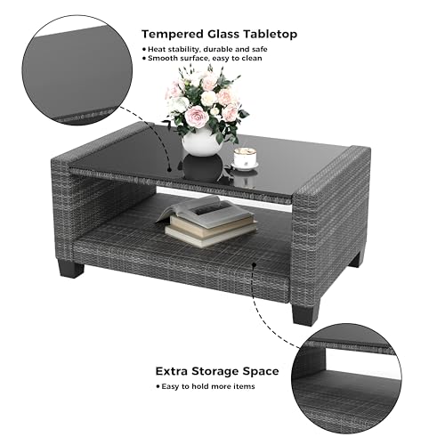 Patio Furniture Set 5 Pieces, 7-Seat PE Rattan Wicker Outdoor Sectional Patio Conversation Set with Waterproof Cusions and Coffee Table, Grey and Grey