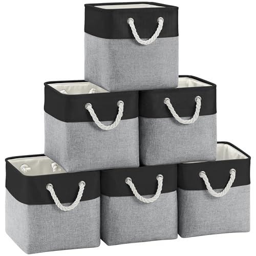 FinishingBo Fabric Cubes Storage Basket, 6 Pack 11x11 in with Handles Cube Storage Bins, for Shelves, Home, Office Organizers (Black/ Gray)