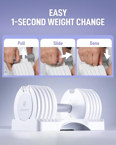 Image of BYZOOM FITNESS Pure Series Adjustable Dumbbell - 12.5 /25 /27.5 /50 /55 /75lb - ONE UNIT OR PAIR(check QTY before purchase) - 5-in-1 / 10-in-1 / 15-in-1 / 21-in-1 Flexible Hand Weights for Home Apartment Garage Gym, Strength Training & Fitness Workouts, White OR Black