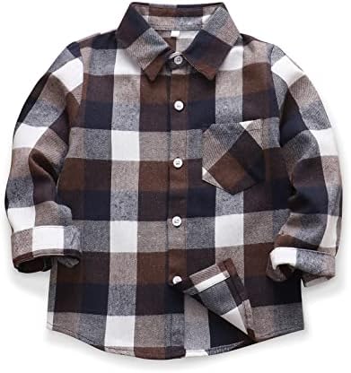 OCHENTA Big Boys' Button Down Flannel Plaid Shirt, Kids Long Sleeve Christmas Tops E003 Coffee Tag 160-9-10 Years