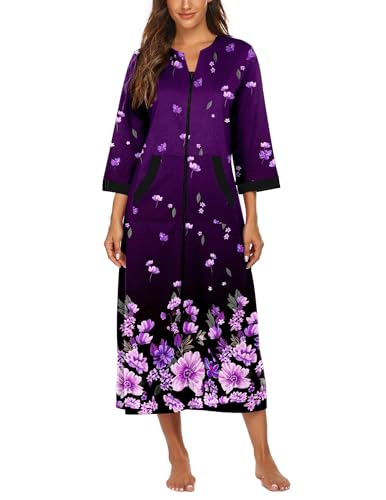 Image of Ekouaer Women Zipper Robe 3 /4 Sleeves Loungewear Dress Full Length Sleepwear Pockets Housecoat Nightgown Long Bathrobe
