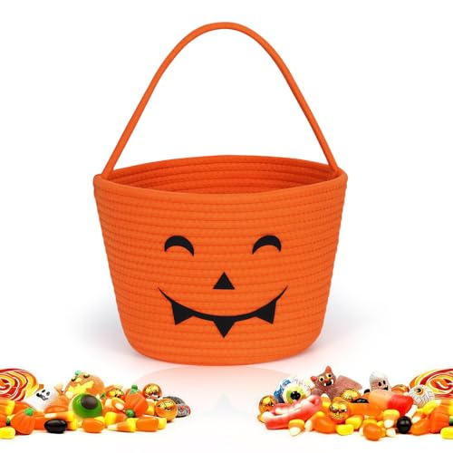 Halloween Korb für Süßigkeiten, Kürbis Eimer Halloween, Wiederverwendbar Trick or Treat Bag, Baumwollseil H-alloween Tasche Kinder Beutel Körbchen für Hallowee-n Partyzubehör