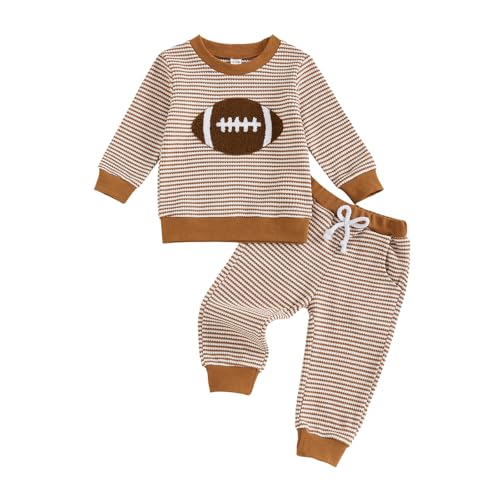 Image of Football Baby Boy Clothes Football Embroidery Waffle Stripe Long Sleeve Sweatshirt Jogger Pants Fall Winter Outfits