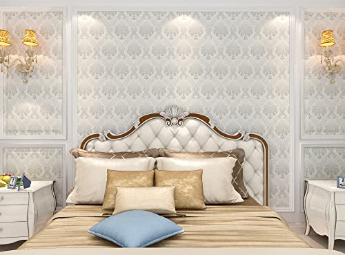 Upgrade Thickening White Silver Damask Wallpaper Peel And Stick Wall Paper Decorative Self Adhesive Shelf Drawer Liner Roll 17.7 Inch X 32.8 Ft #TOP5