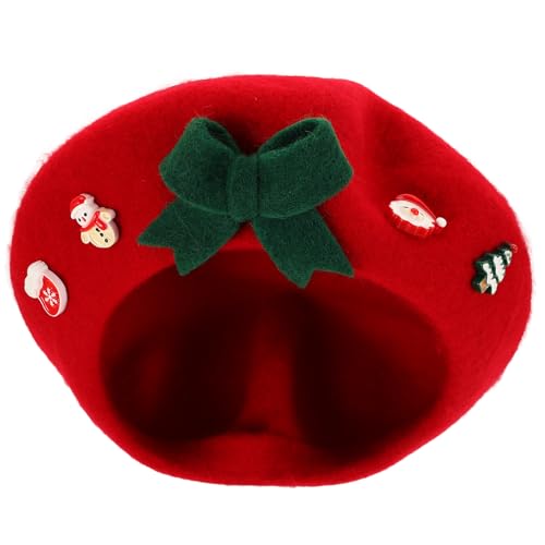 Alipis Wool Beret Hat with Bowknot for Women, Christmas Red Warm Painter Cap, Fashionable Holiday Season Winter Accessory