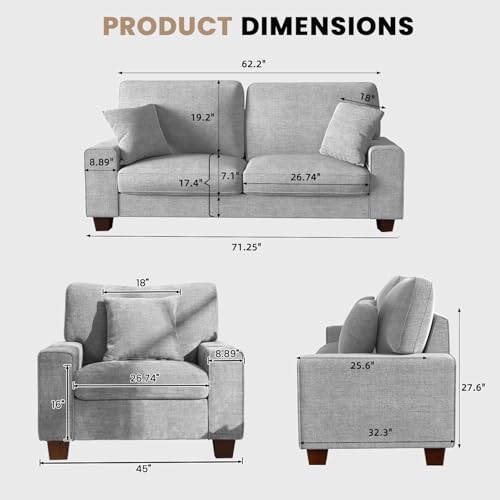 Image of DOPEDIO Modern Living Room Sofa Set, 71.25 inch Chenille Loveseat with 2 Accent Chairs, Removable Covers, Spring Cushions, Solid Wood Frame, Easy Assembly(71.25inch+2 Single,Light Gray)