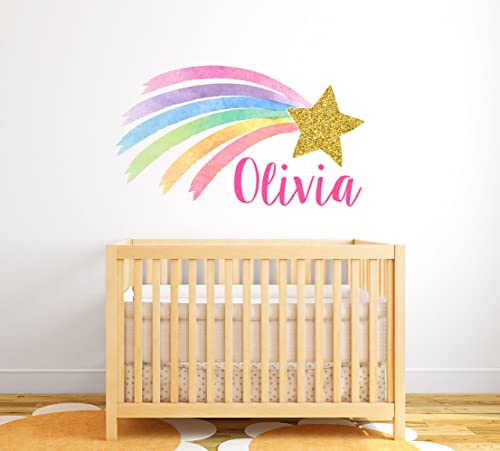 Custom Name Wall Decal - Shooting Star Rainbow Wall Decals - Personalized Name Wall Sticker - Pastel Rainbow Gold Glitter Star Wall Art - Wall Decal For Girls Bedroom Nursery Decor #TOP3