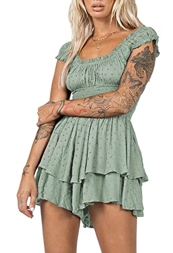 Pink Queen Damen Bandeau Boho Jumpsuits Kurze Ärmel Sommer Minikleid Schweizer Punkt Schulterfrei Strampler Schön Grün S