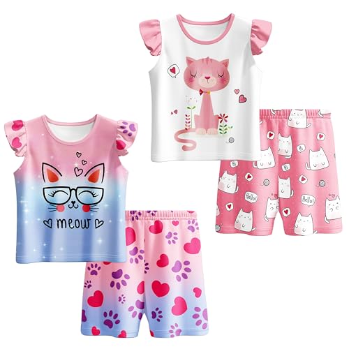LQSZ Girls Pajamas Set Kids 4 Piece Summer Flutter Sleepwear Toddler Short Sleeves PJs Pajama for 3-10 Years