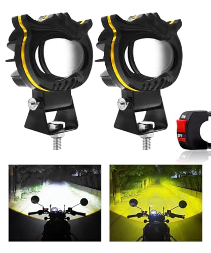 Image of FABTEC 1 Eye Owl Light Mini Drive Led Projector Fog Light with White /Yellow + Flasher Light Modes for Bikes and Scooty with Free On /Off Switch (Metal Body /Set of 2 Pcs)