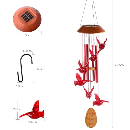 Cardinal Red Bird Solar Wind Chimes - Outdoor Garden Gifts for Mom from Daughter or Son - Mom's Room Decor for Mother's Day, Thanksgiving, Christmas, Birthday