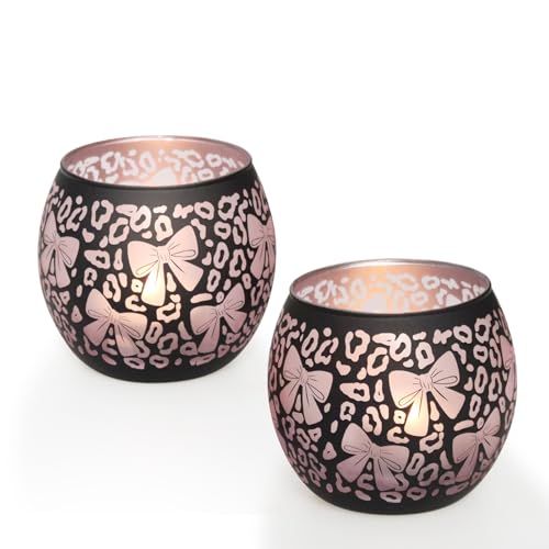Black Pink Leopard Candle Holder with Bow Set of 2, Elegant Glass Votive Tealight Candle Holders for Room Decor, Aesthetic Ribbon Votive for Wedding Birthday Party Centerpieces & Pink Leopard Decor