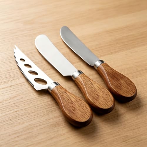 Image of Tivleed 3-Piece Premium Butter Knife Set - Stainless Steel with Mahogany Wood Handle - Cheese Knife, Butter Spreader, Cream Knife for Breakfast, Afternoon Tea