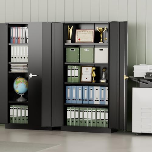 Image of INTERGREAT 72-Inch Metal Storage Cabinet for Garage, Lockable Steel Cabinet with Doors and Adjustable Shelves, Black Locking Storage Unit for Office, Home, Gym, and School.
