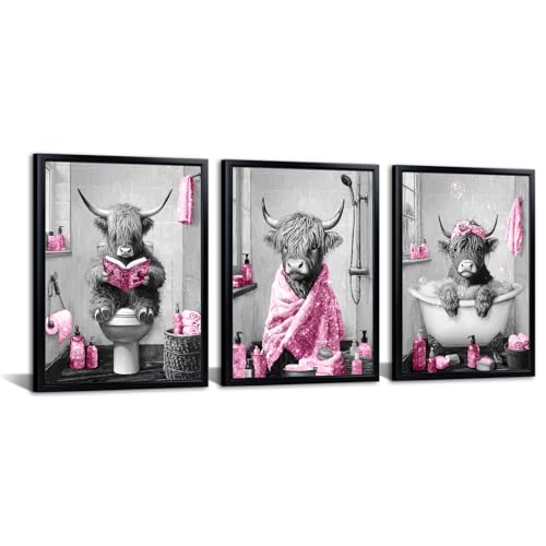 sechars Highland Cow Bathroom Wall Art, Pink, 3 Piece