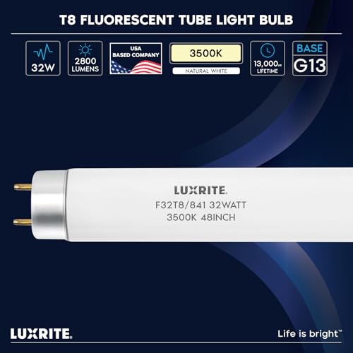 LUXRITE F32T8/835 – 32W 48 Inch T8 Fluorescent Tube Light Bulb, 3500K Natural White, 2800 Lumens, 1-Inch Diameter (Not T12), G13 Bi-Pin Base, 4-Pack by LUXRITE - Image 5