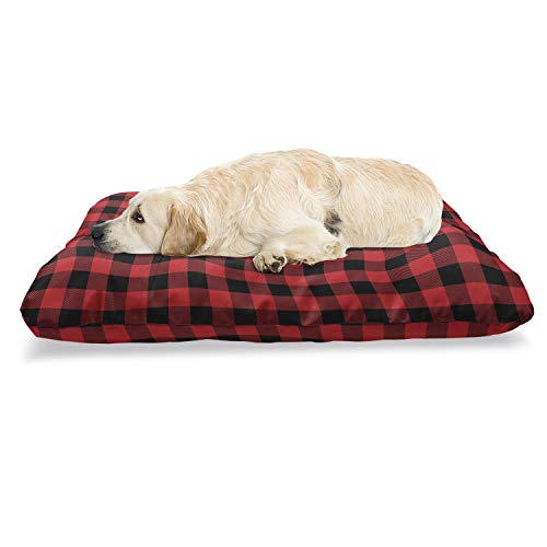 Ambesonne Plaid Pet Bed, Lumberjack Fashion Buffalo Checks Pattern Retro Style Grid Composition, Chew Resistant Pad for Dogs and Cats Cushion with Removable Cover, 24' x 39', Orange Black