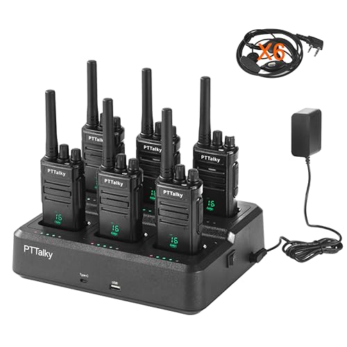 PTTalky FR1 Plus Walkie Talkies Long Range, Hidden Display Rechargeable 2 Way Radio with 6-Way Multi Unit Charger for School Business Warehouse Restaurant