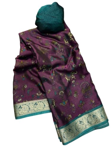 Image of Kalamkari Floral Prints Dola Silk Saree With Rich Zari Border Designer Pallu Attach Blouse Piece