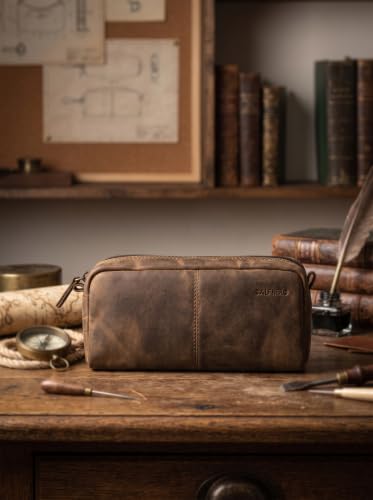 Image of Calfnero Genuine Leather Toiletry Bag for Men & Women | Premium Leather Travel-Pouch | Toiletry Organizer | Cosmetic & Shaving Kit Bag | Unisex Travel Dopp Kit (Hunter)