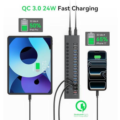 Image of Powered USB Hub, AGEEN 16-Port USB 3.0 Hub (10 USB-A 3.0+2 QC 24W Fast Charging+2 Smart Charging+2 USB-C 3.0 Ports), 12V /8A 96W UL Certified Power Adapter for PC, Laptop, HDD, Flash Drive