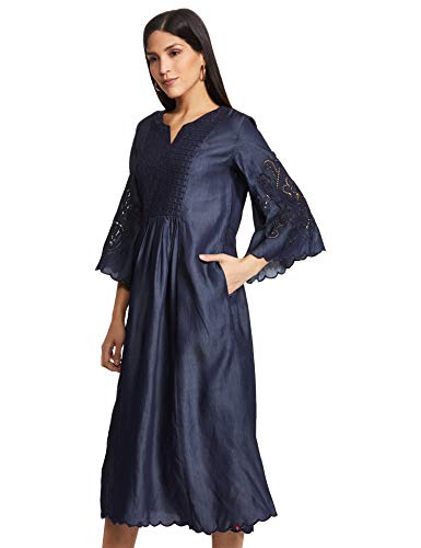 Image of BIBA Cotton Blend Dyed A-Line Casual Dress